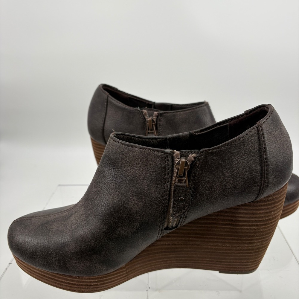 Dr Scholl's Comfort Brown Faux Leather Wedge Ankle Booties  Zip Stacked Heel 9.5